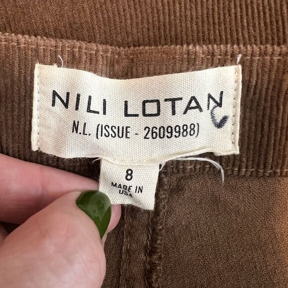 Nili Lotan Jenna Pants Size 8 Brown Corduroy Cropped Raw Hem Flap Pockets Casual - Picture 11 of 12